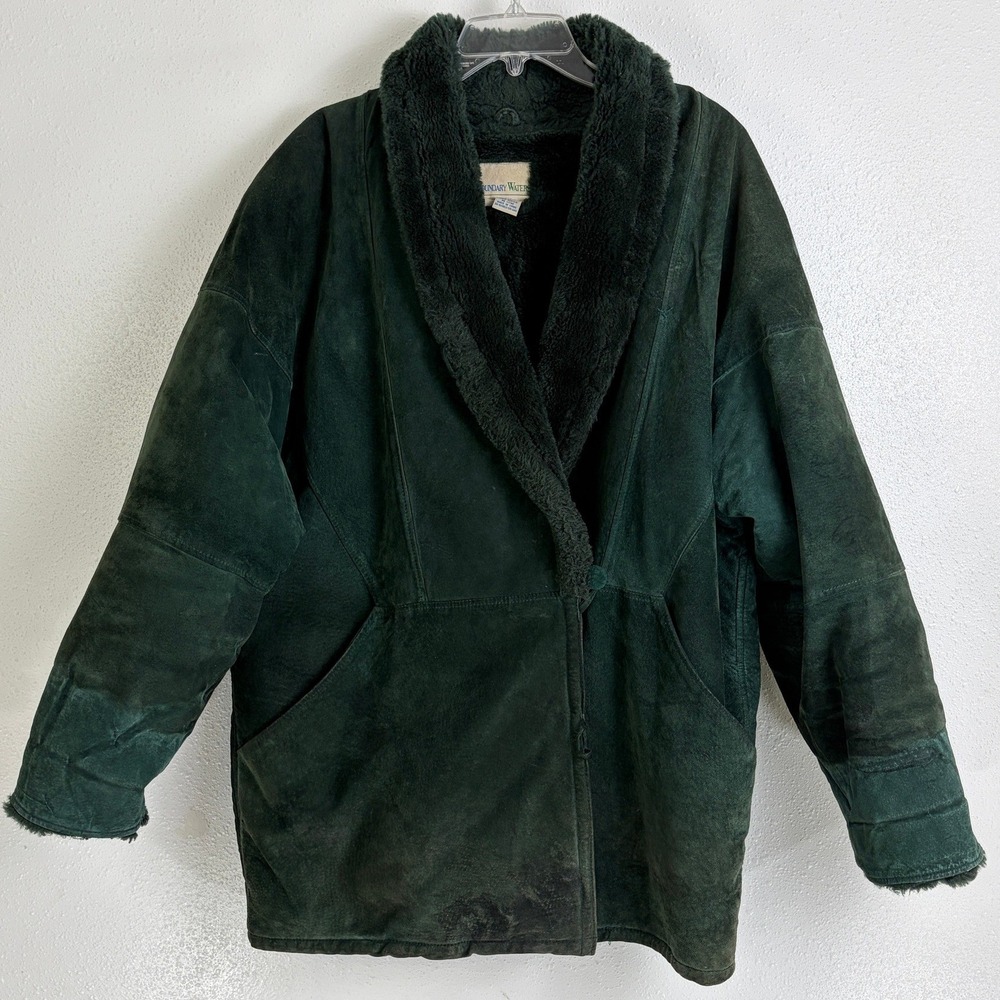 Vintage Boundary Waters Green Suede Faux Fur Shawl Collar Coat L *Flawed